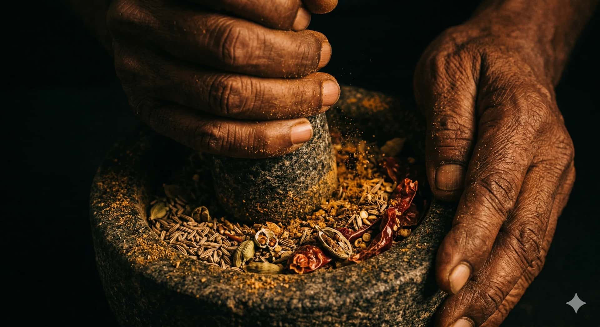 Hands grinding spices in a mortar