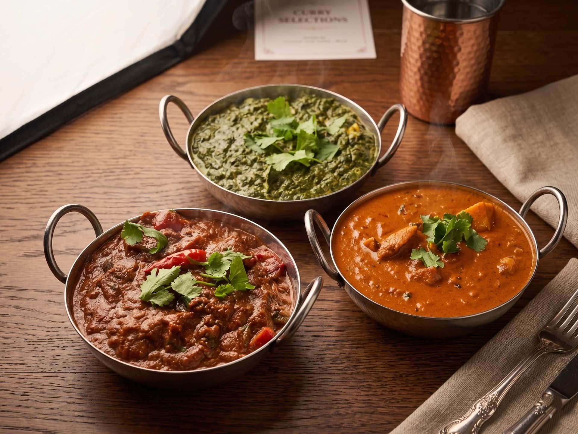 Rich slow-cooked Indian curry in a copper bowl — deep amber sauce, warm candlelight
