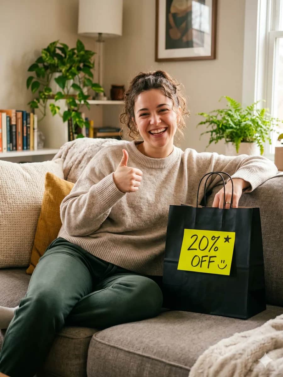 Person on couch giving thumbs up next to takeout bag with 20% OFF — Gaylord at home