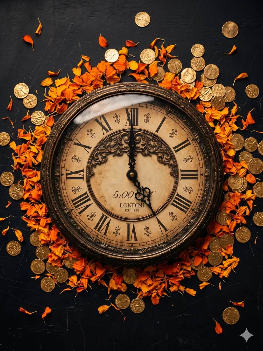Vintage clock at 5:00 PM surrounded by marigold petals — happy hour starts now